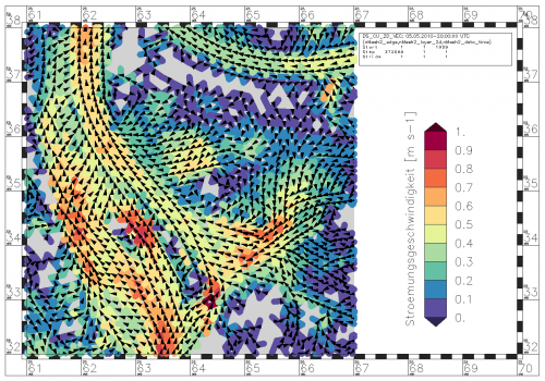 Triangles of constant length overlie the colored map of the magnitude of current velocity